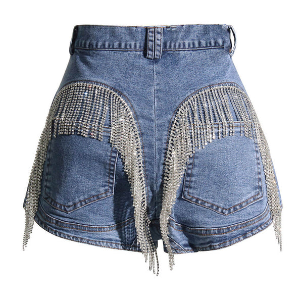Glittering Rhinestone Fringe Embellished High Waist Micro Denim Shorts