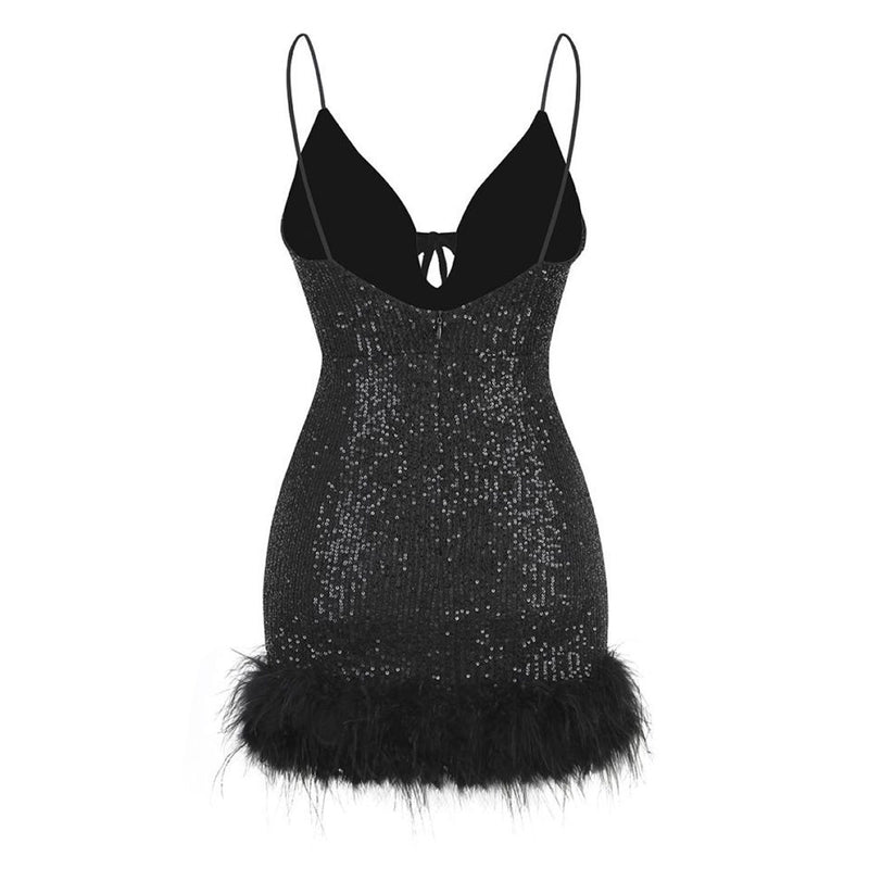Glittering Sequin Feather Trim Tie Front Deep V Cami Backless Mini Party Dress