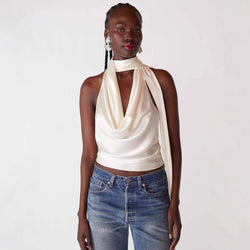 Glossy Draped Cowl Neck Sleeveless Backless Satin Scarf Halter Top