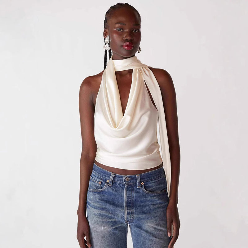 Glossy Draped Cowl Neck Sleeveless Backless Satin Scarf Halter Top
