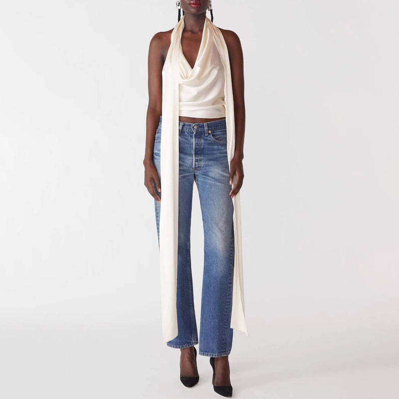Glossy Draped Cowl Neck Sleeveless Backless Satin Scarf Halter Top