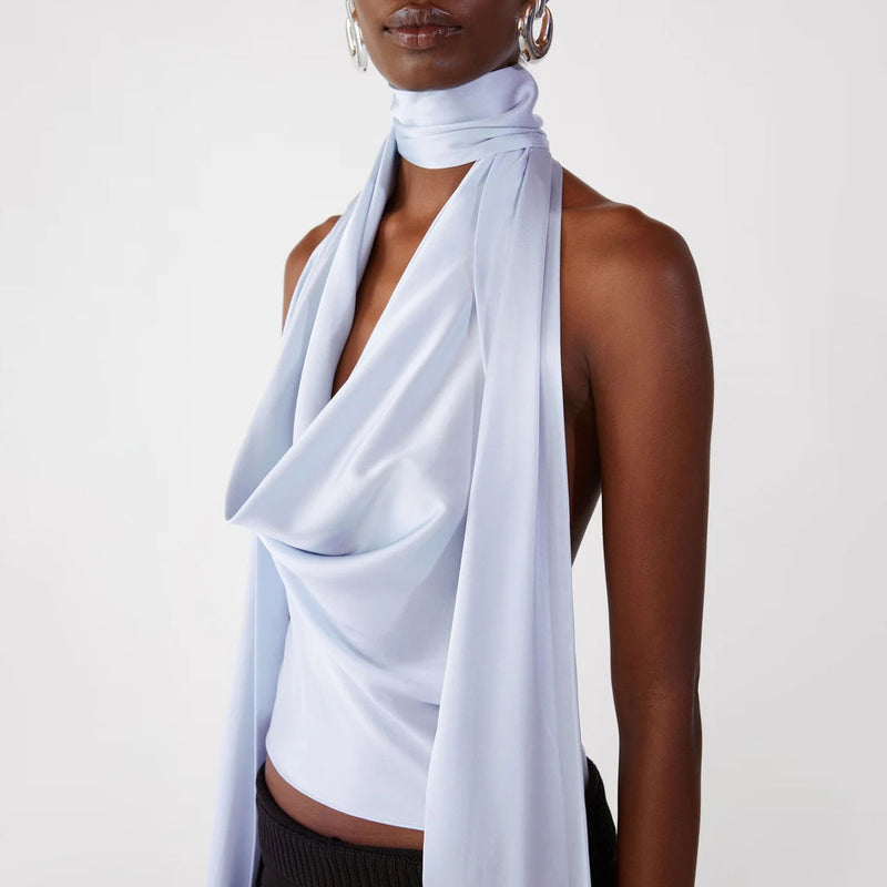 Glossy Draped Cowl Neck Sleeveless Backless Satin Scarf Halter Top