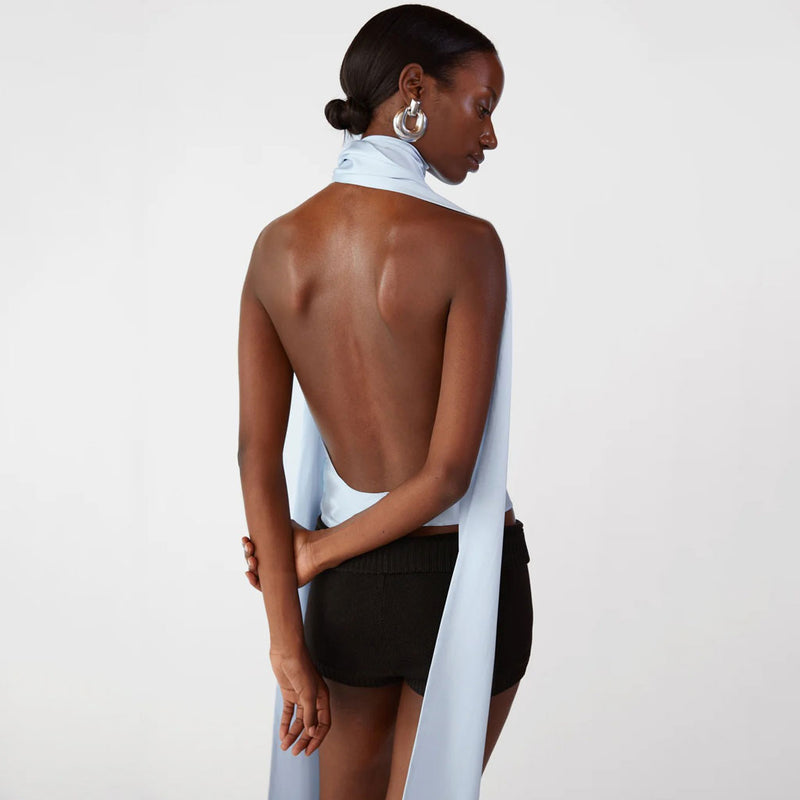 Glossy Draped Cowl Neck Sleeveless Backless Satin Scarf Halter Top