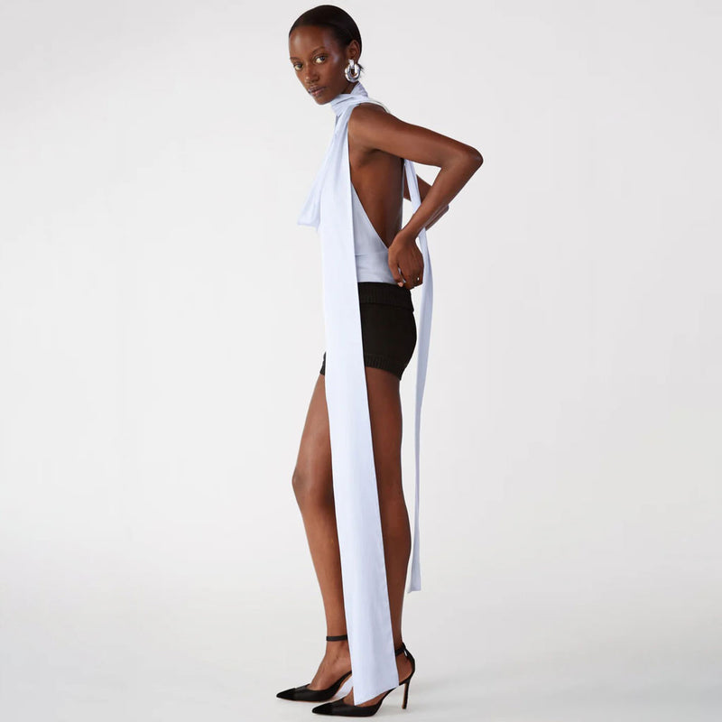 Glossy Draped Cowl Neck Sleeveless Backless Satin Scarf Halter Top