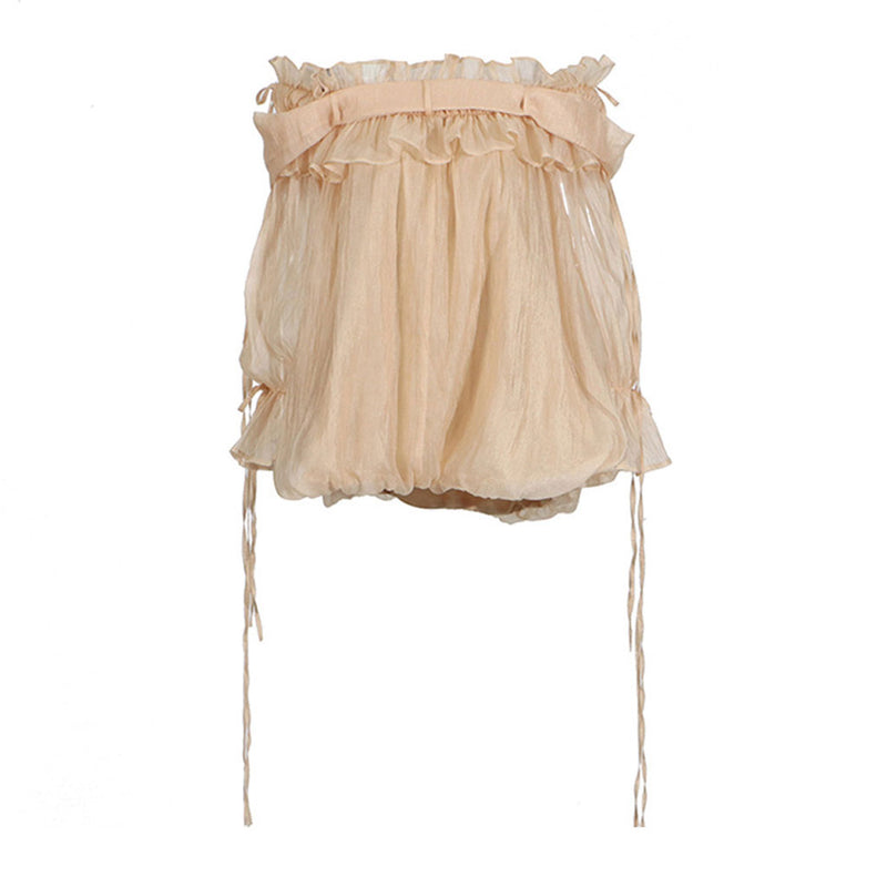 Glossy Ruffle Off Shoulder Bow Tie Blouson Sleeve Bubble Chiffon Blouse