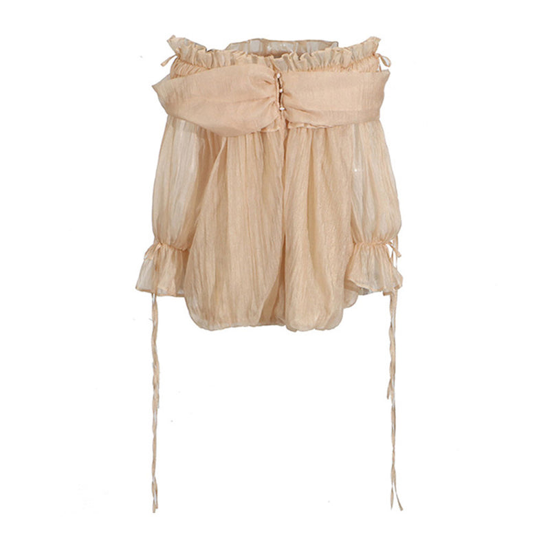 Glossy Ruffle Off Shoulder Bow Tie Blouson Sleeve Bubble Chiffon Blouse