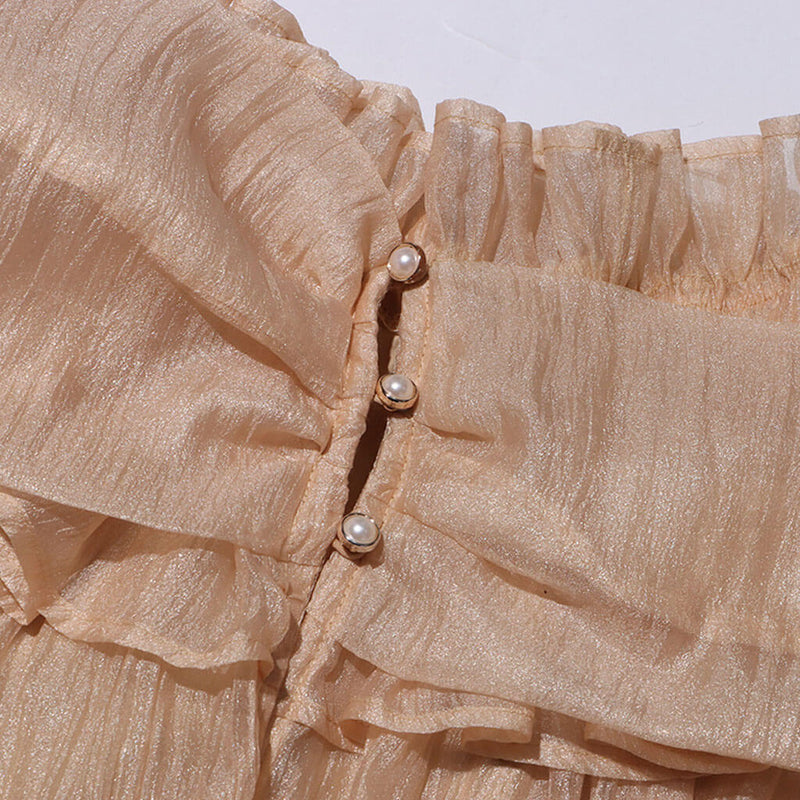 Glossy Ruffle Off Shoulder Bow Tie Blouson Sleeve Bubble Chiffon Blouse