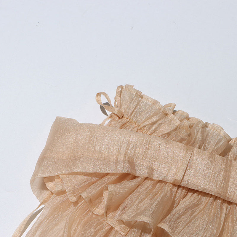Glossy Ruffle Off Shoulder Bow Tie Blouson Sleeve Bubble Chiffon Blouse