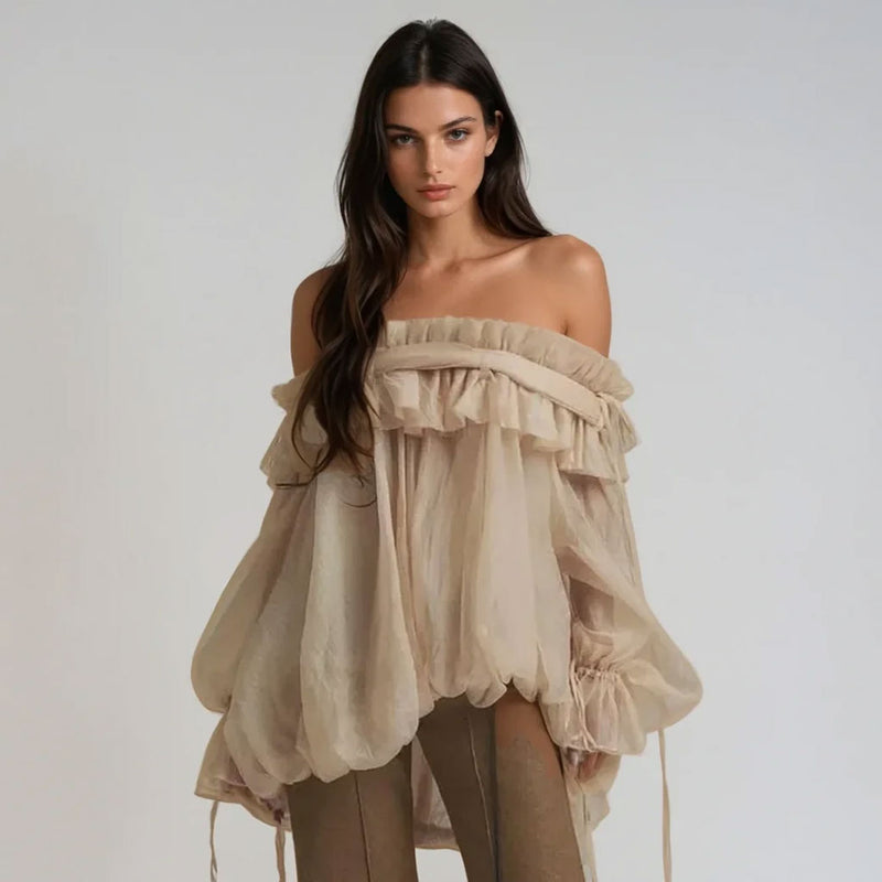 Glossy Ruffle Off Shoulder Bow Tie Blouson Sleeve Bubble Chiffon Blouse