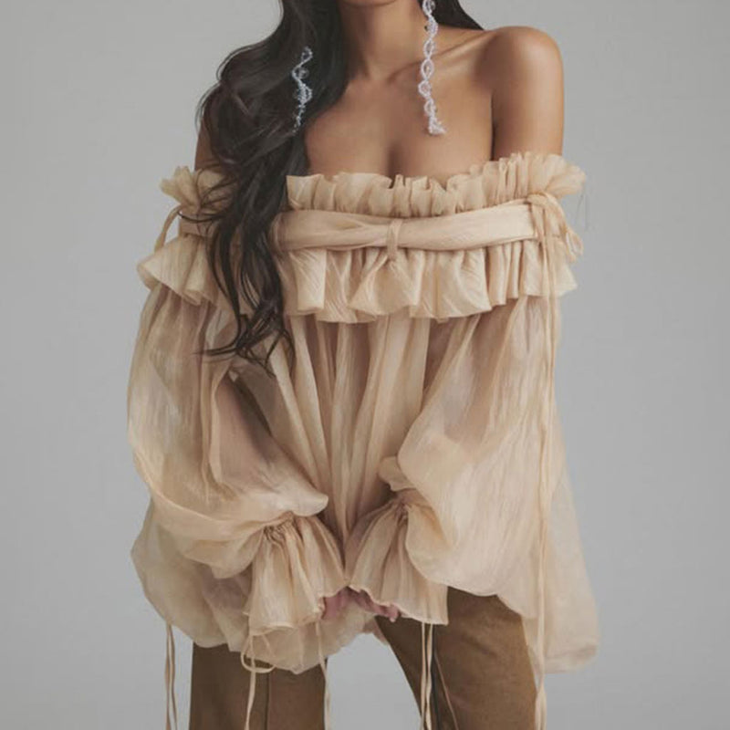 Glossy Ruffle Off Shoulder Bow Tie Blouson Sleeve Bubble Chiffon Blouse