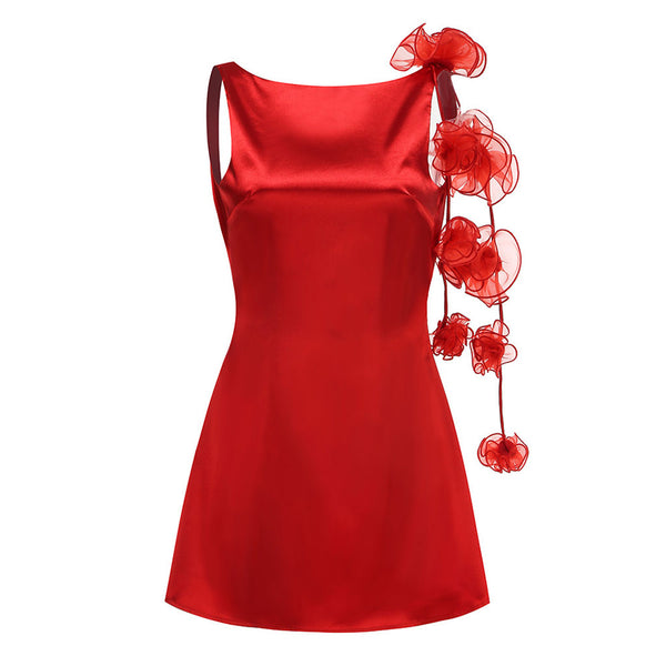 Glossy Satin Boat Neck Sleeveless Backless Draped Rosette Mini Party Dress