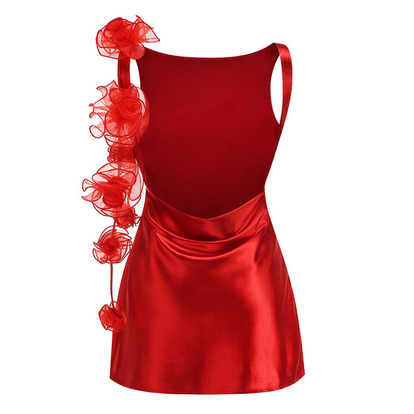 Glossy Satin Boat Neck Sleeveless Backless Draped Rosette Mini Party Dress