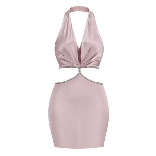 Glossy Satin Ruched Halter V Neck Sleeveless Crystal Cutout Mini Party Dress