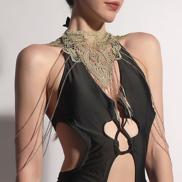 Gothic Multi Strand Crochet Floral Lace Fringe Bib Body Chain Neckline