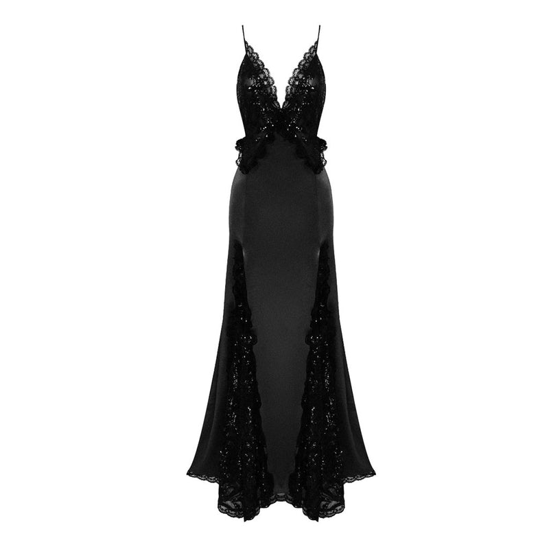 Gothic Queen Plunge Sequined Lace Panel Silky Satin Maxi Fishtail Evening Dress