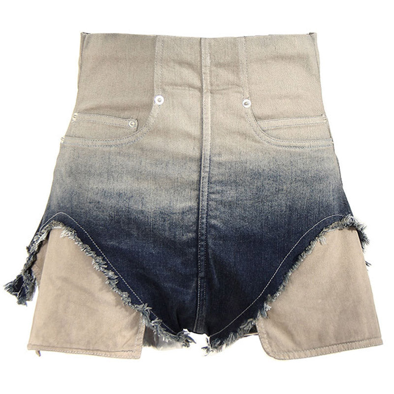 Gradient Distressed Raw Trim High Waist Micro Denim Shorts