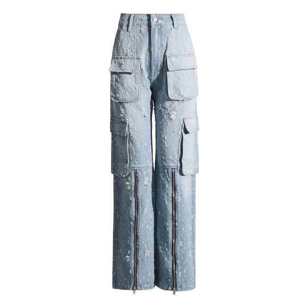 High Street Ripped Cargo Pocket Zipper High Waist Straight Leg Denim Jeans