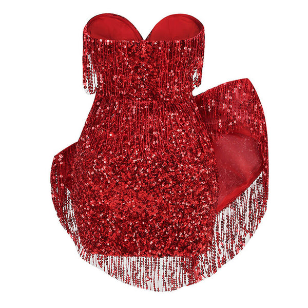Irresistible Plunge Neck Sequin Fringe Bow Trim Strapless Mini Party Dress