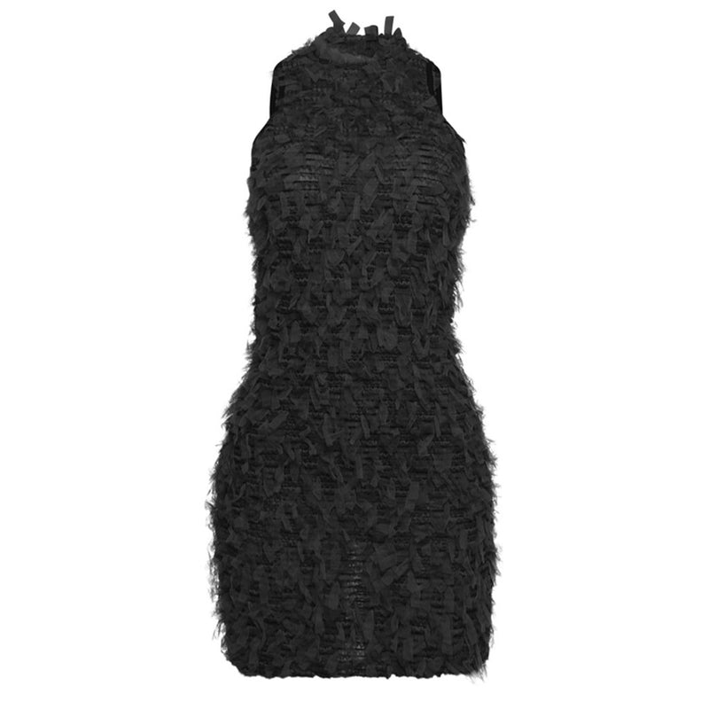 Jungle Collar Neck Sleeveless Bodycon Fringe Shirred Sheer Mesh Mini Dress