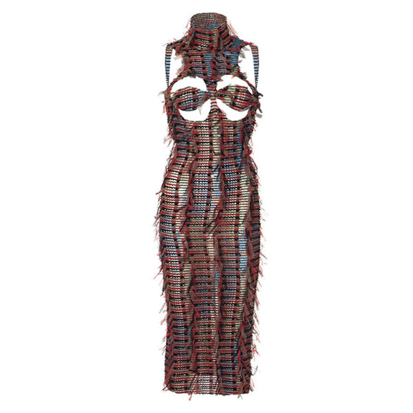 Jungle Cutout Bra Backless Smocked Bodycon Fringe Sheer Mesh Midi Dress