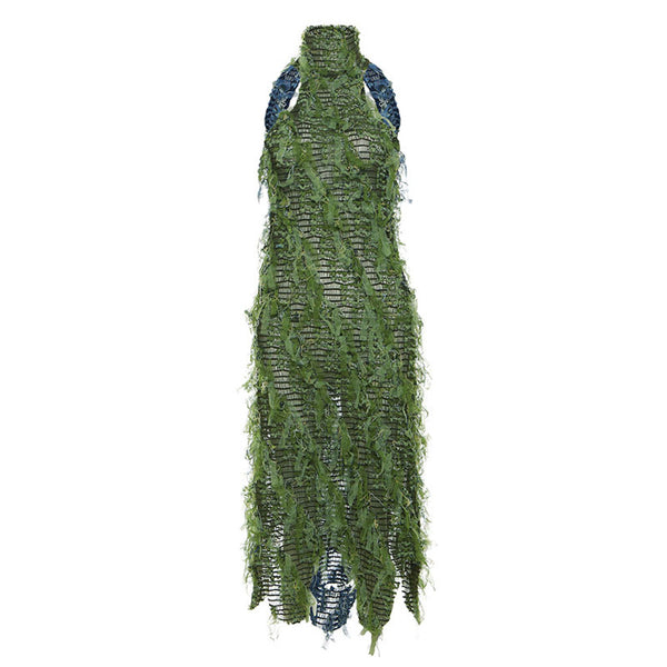 Jungle Mock Neck Bicolor Backless Smocked Fringe Sheer Mesh Midi Dress