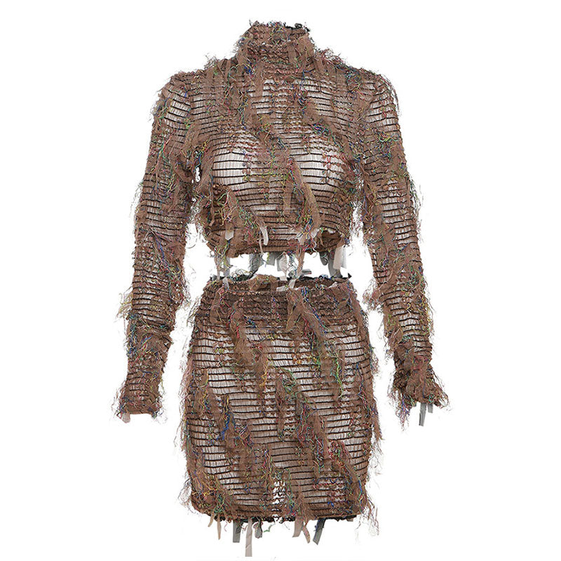 Jungle Shirred Fringe Sheer Crop Top and High Waist Mini Skirt Matching Set