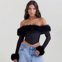 Lavish Faux Fur Trim Off The Shoulder Hook and Eye Long Sleeve Crop Corset Top