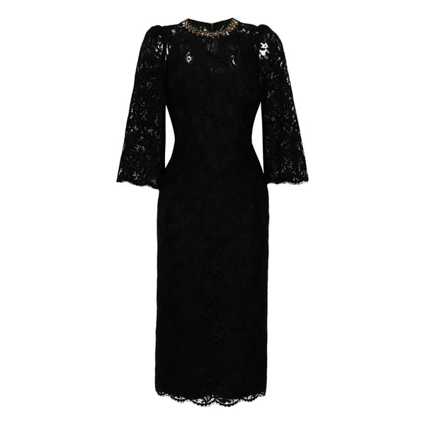 Lavish Jewelled Crew Neck 3/4 Sleeve Lace Scalloped Sheath Midi Dress