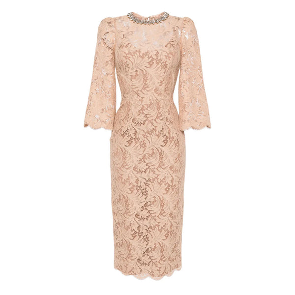 Lavish Jewelled Crew Neck 3/4 Sleeve Lace Scalloped Sheath Midi Dress