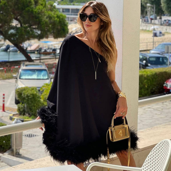 Lavish One Shoulder Bell Sleeve A Line Layered Faux Feather Mini Dress