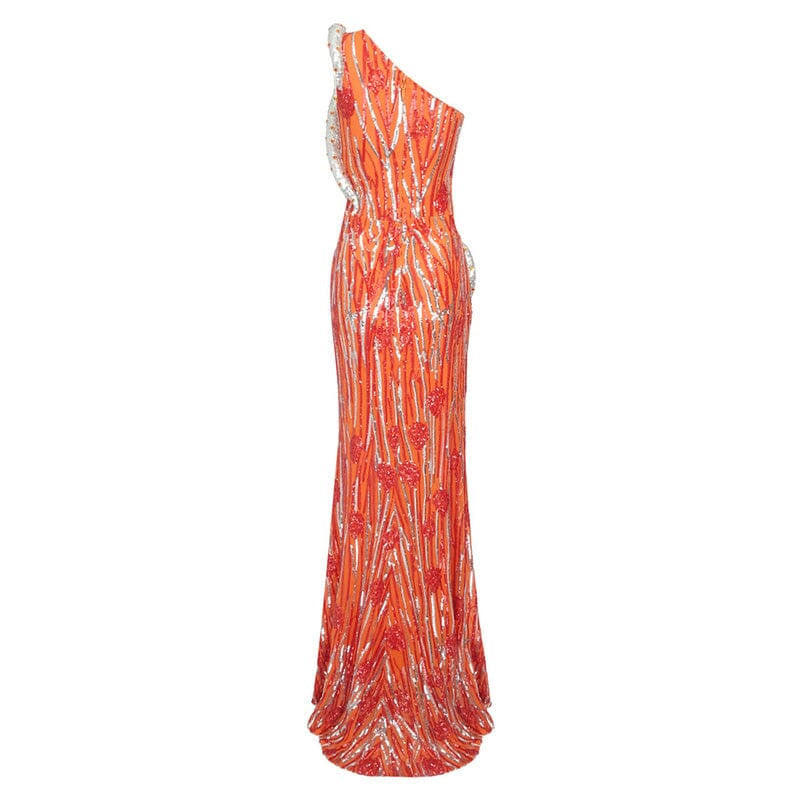 Lavish One Shoulder Rhinestone Detail Silver Snake Split Sequin Maxi Evening Dress