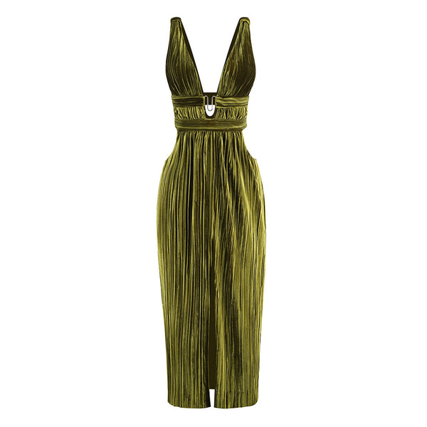 Lavish Plunge V Neck Sleeveless Cutout Pleated Velvet Thigh Split Maxi Evening Dress
