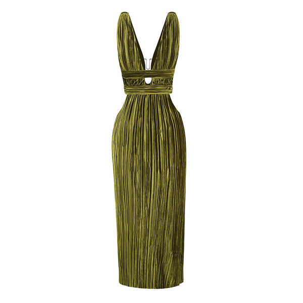 Lavish Plunge V Neck Sleeveless Cutout Pleated Velvet Thigh Split Maxi Evening Dress