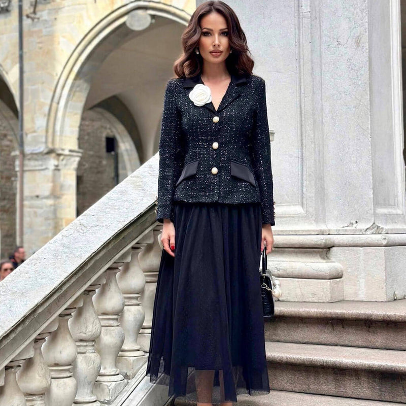 Lavish Rosette Trim Tweed Blazer Dotted High Waist Tulle Midi Skirt Ma –  Luxedress