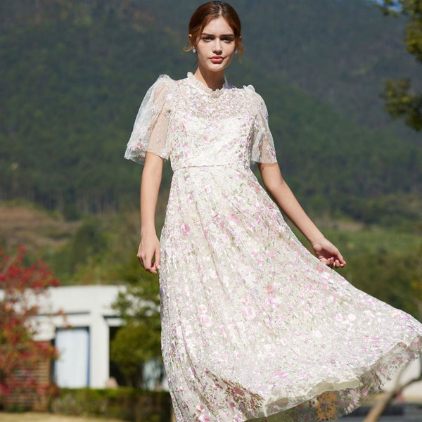 Lavish Short Sleeve Frill Neck A Line Summer Embroidered Floral Tulle Maxi Dress