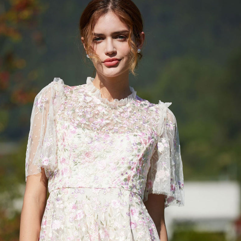 Lavish Short Sleeve Frill Neck A Line Summer Embroidered Floral Tulle Maxi Dress
