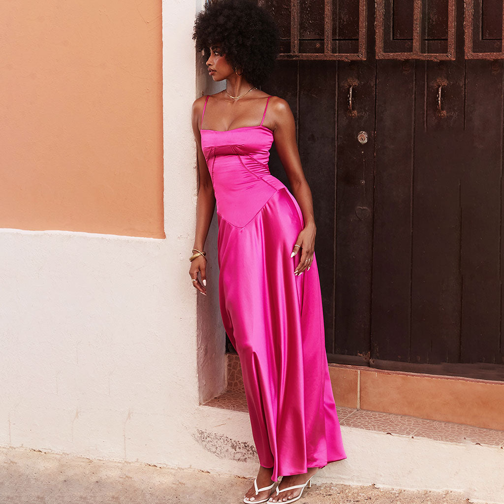 Lavish Square Neck Lace Up Back Drop Waist Flared Silky Satin