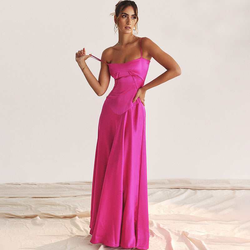 Lavish Square Neck Lace Up Back Drop Waist Flared Silky Satin Maxi Evening Dress