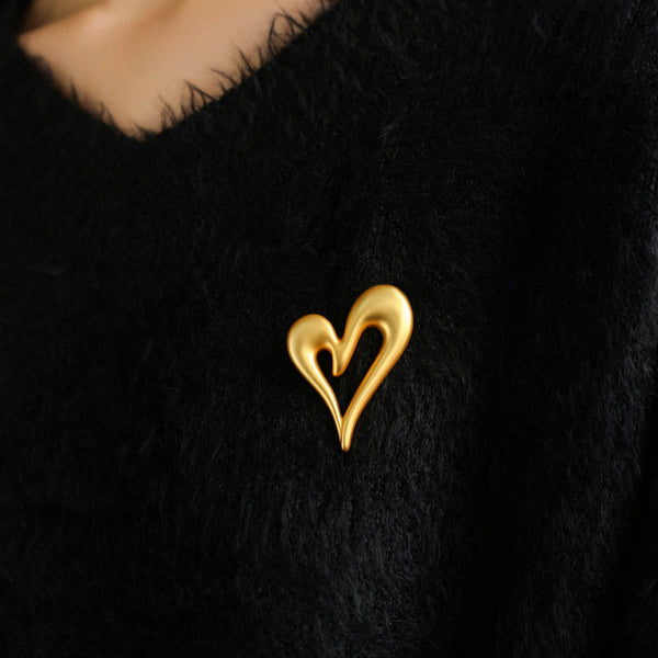 LOVE IS AROUND 18K Gold Plated Matted Puffed Open Heart Brooch