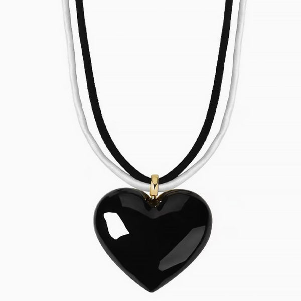 LOVE IS AROUND Two Tone Enameled Puffed Heart Pendant Wrapped Cord Necklace