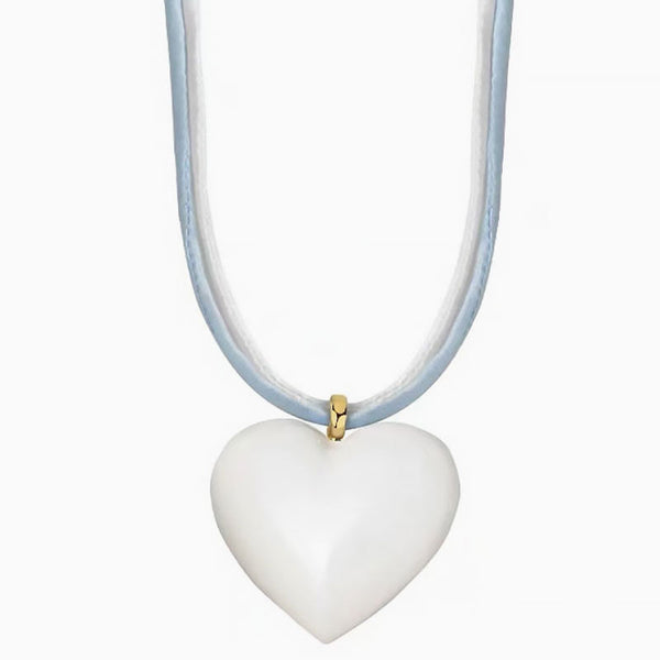 LOVE IS AROUND Two Tone Enameled Puffed Heart Pendant Wrapped Cord Necklace