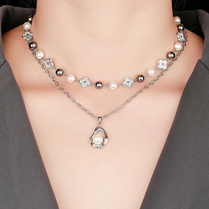 Lucky Cubic Zirconia Clover Crystal Pearl Cable Chain Bolo Slider Necklace