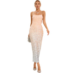 Luminous Ombre Sequin Sleeveless O Ring Cut Out Side Bodycon Midi Cocktail Dress
