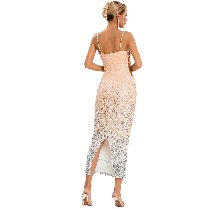 Luminous Ombre Sequin Sleeveless O Ring Cut Out Side Bodycon Midi Cocktail Dress