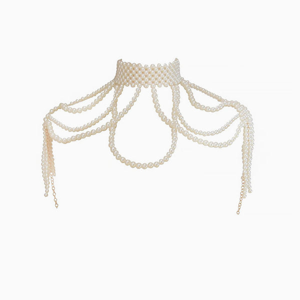 Lustrous Chain Link Layered Imitation Pearl Choker Body Chain