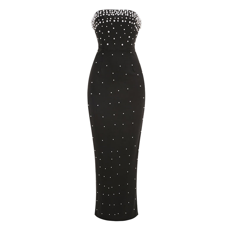 Luxurious Faux Pearl Beaded Strapless Bodycon Slit Evening Maxi Dress