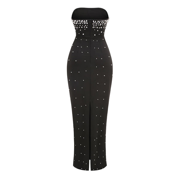 Luxurious Faux Pearl Beaded Strapless Bodycon Slit Evening Maxi Dress
