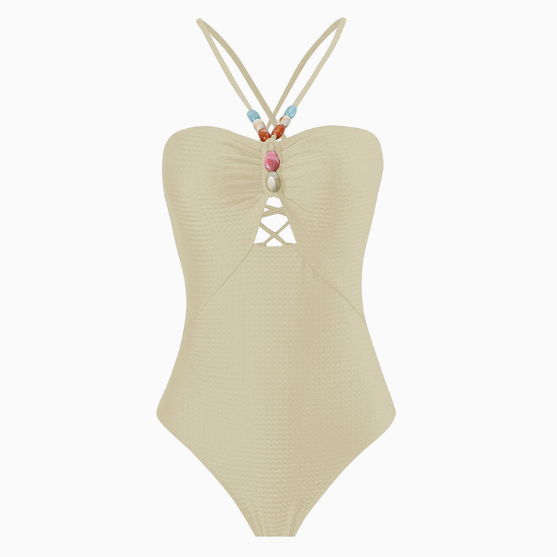 Luxurious Metallic Textured Cut Out Lace Up Back Beaded V Neck One Piece Swimsuit