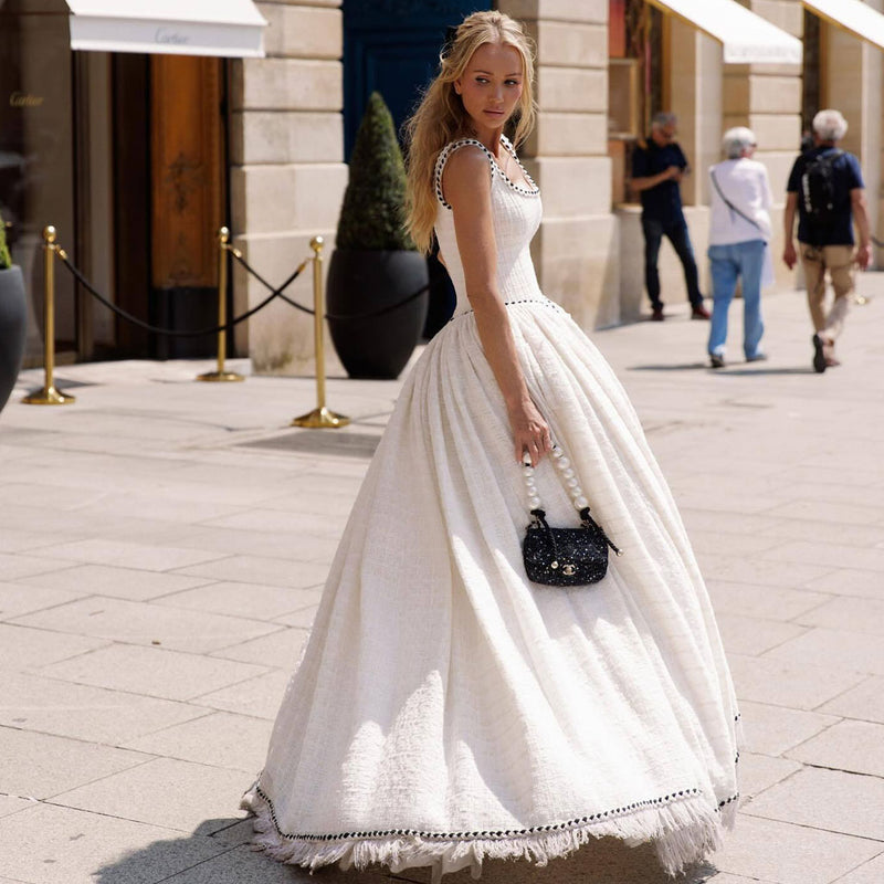 Luxurious Metallic Thread Tweed Square Neck Drop Waist Crinoline Ball Gown