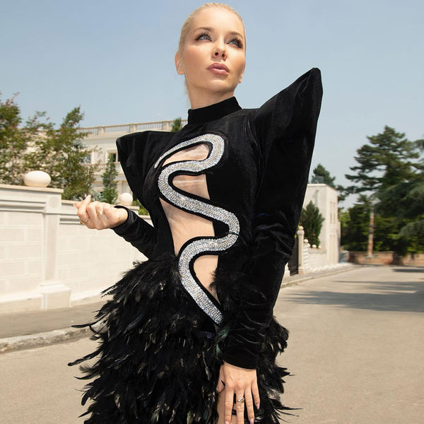 Luxurious Puff Sleeve Cutout Crystal Thigh Split Maxi Faxu Feather Dress